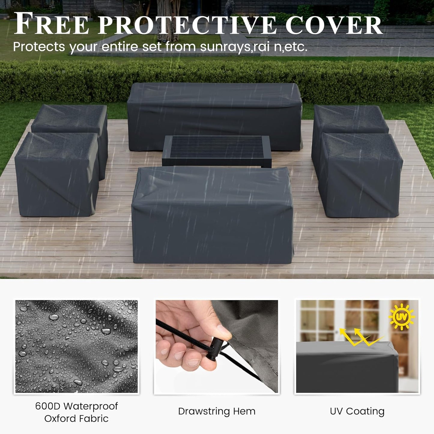 Aluminum Patio Furniture Set, 7 Piece Metal Outdoor Set, Patio Furniture Set with Waterproof Covers for Backyard Garden(Grey)