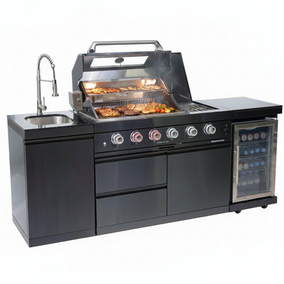 Outdoor Kitchen Island Gas Grill System 4 Burner BBQ Island with Rotisserie Kit, Integrated Sink, Wine Cooler & Granite Countertop