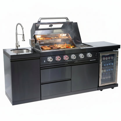 Outdoor Kitchen Island Gas Grill System 4 Burner BBQ Island with Rotisserie Kit, Integrated Sink, Wine Cooler & Granite Countertop