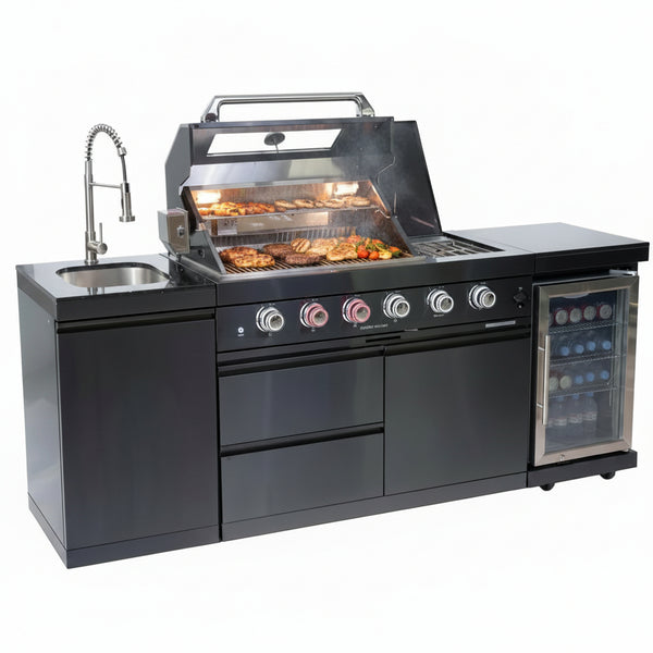 Outdoor Kitchen Island Gas Grill System 4 Burner BBQ Island with Rotisserie Kit, Integrated Sink, Wine Cooler & Granite Countertop