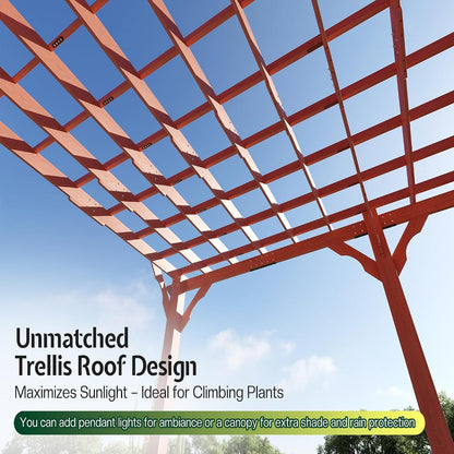 12X24 FT Premium Cedar Wood Pergola with Trellis Roof & Stakes | Outdoor Pergola Kit with Weather-Resistant Support, Backyard Gazebo for Patio, Garden & Events, Reddish-Brown