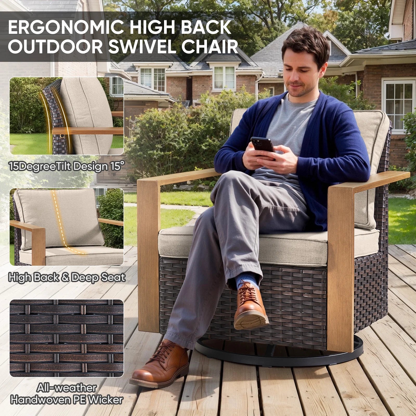 Wicker Patio Furniture Sets,5 Pieces Outdoor Conversation Sets with Swivel Rocker Chairs Sofa and Ottomans for Deck Porch Poolside