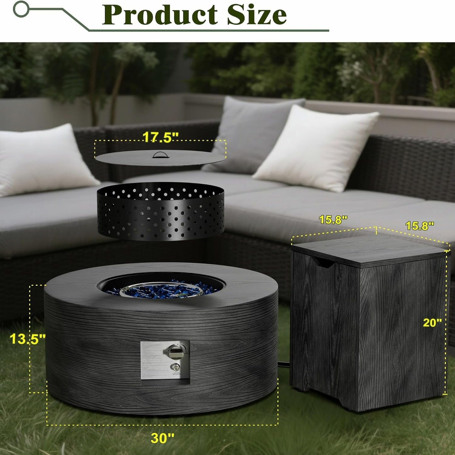 30" Outdoor Propane Fire Pit Table Firepit Table for outside Patio | 50,000 BTU round Outdoor Fireplace W Wind Guard, 2-In-1 Gas Firepits for Backyard, Dark Gray Wood Grain Fire Table