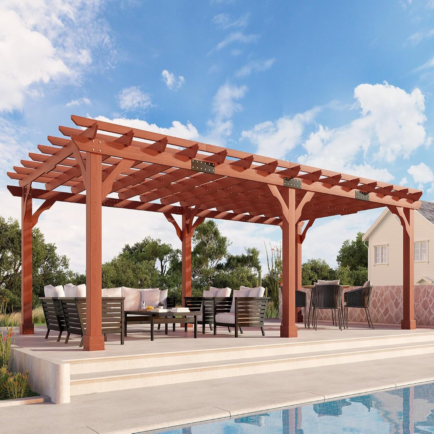 12X24 FT Premium Cedar Wood Pergola with Trellis Roof & Stakes | Outdoor Pergola Kit with Weather-Resistant Support, Backyard Gazebo for Patio, Garden & Events, Reddish-Brown