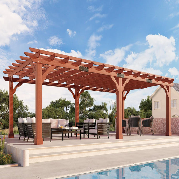 12X24 FT Premium Cedar Wood Pergola with Trellis Roof & Stakes | Outdoor Pergola Kit with Weather-Resistant Support, Backyard Gazebo for Patio, Garden & Events, Reddish-Brown
