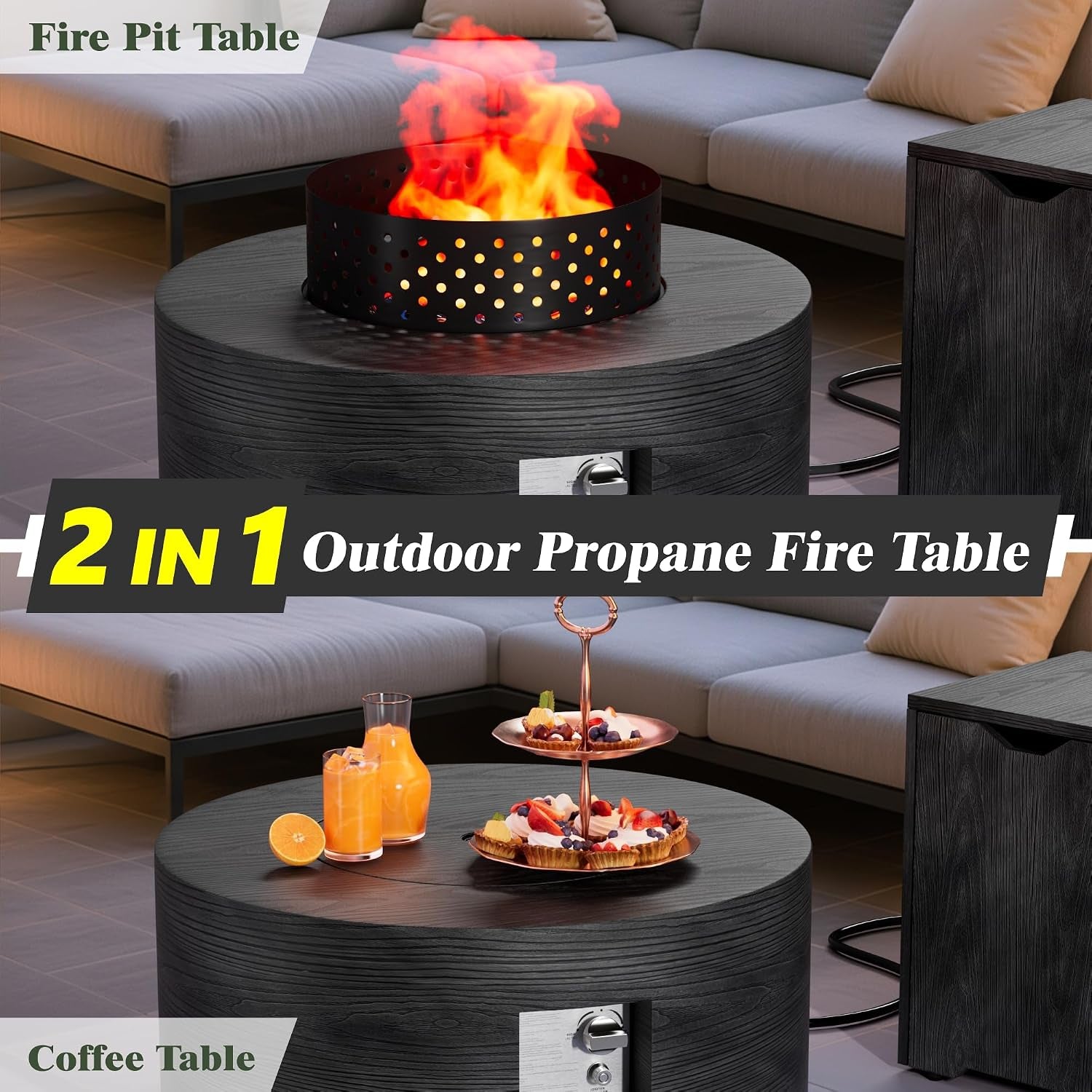 30" Outdoor Propane Fire Pit Table Firepit Table for outside Patio | 50,000 BTU round Outdoor Fireplace W Wind Guard, 2-In-1 Gas Firepits for Backyard, Dark Gray Wood Grain Fire Table