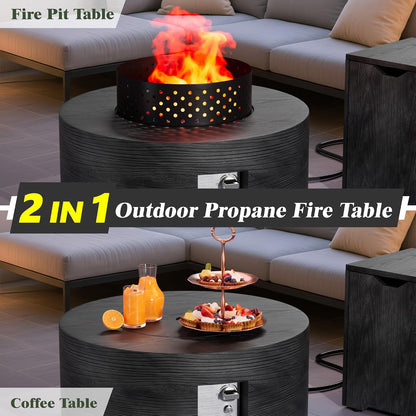 30" Outdoor Propane Fire Pit Table Firepit Table for outside Patio | 50,000 BTU round Outdoor Fireplace W Wind Guard, 2-In-1 Gas Firepits for Backyard, Dark Gray Wood Grain Fire Table