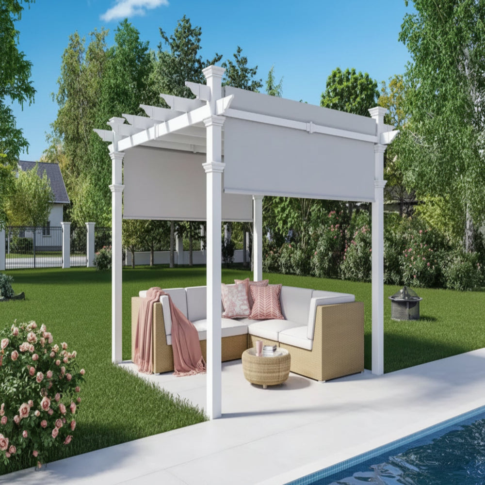 120"L X 120"W X 108"H Vinyl Malibu Canopy Pergola, White, VA42057