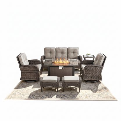 7 Piece Outdoor Patio Furniture Set, Patio Furniture Set with Fire Pit Table Rattan Wicker Patio Furniture Set, Brown Wicker & Beige Cushion