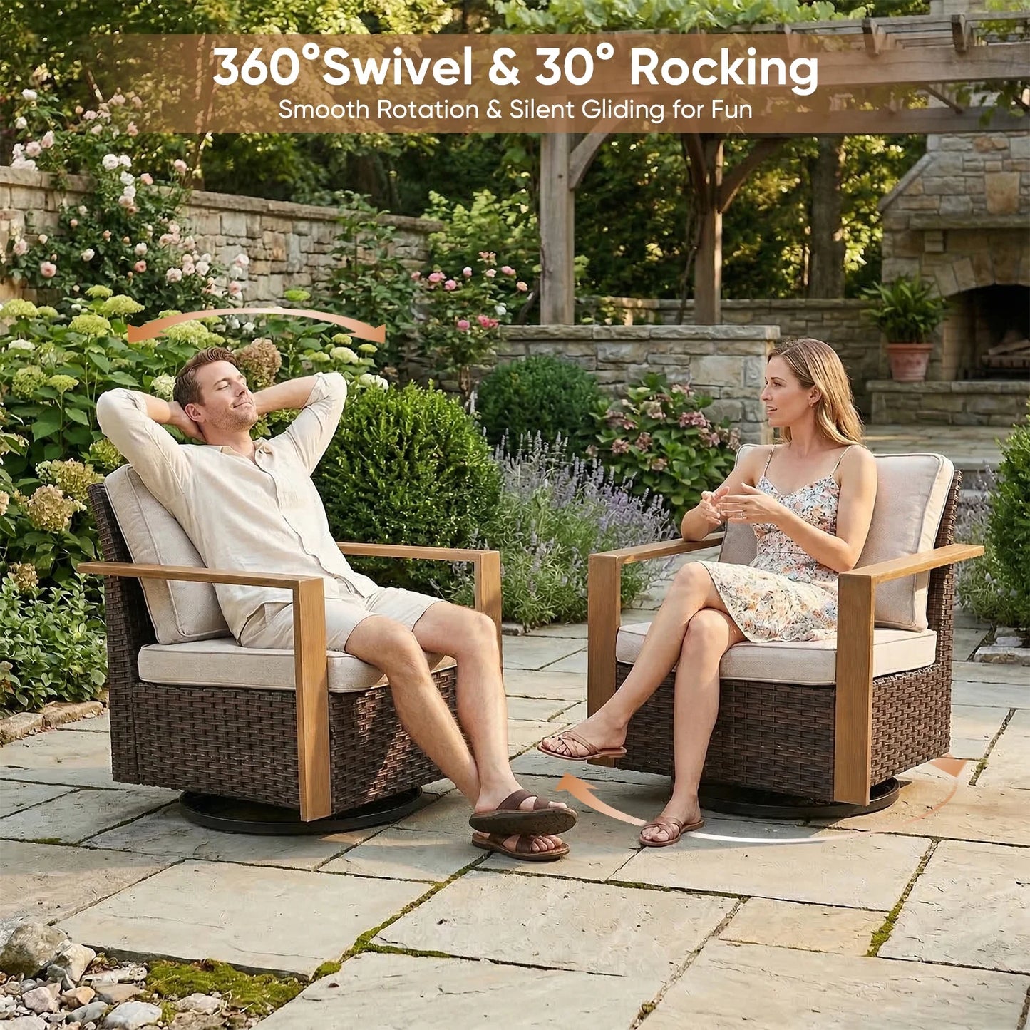 Wicker Patio Furniture Sets,5 Pieces Outdoor Conversation Sets with Swivel Rocker Chairs Sofa and Ottomans for Deck Porch Poolside