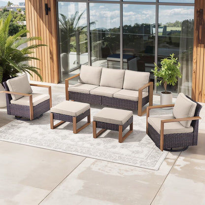 Wicker Patio Furniture Sets,5 Pieces Outdoor Conversation Sets with Swivel Rocker Chairs Sofa and Ottomans for Deck Porch Poolside