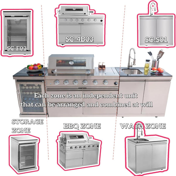BBQ Island Outdoor Kitchen Kits, 4-Burner 72000 BTU Stainless Steel Modular 98 Inch Natural Gas Outdoor Kitchen Bar Barbecue Island Grill with Refrigerator and Sink for Patio Backyard