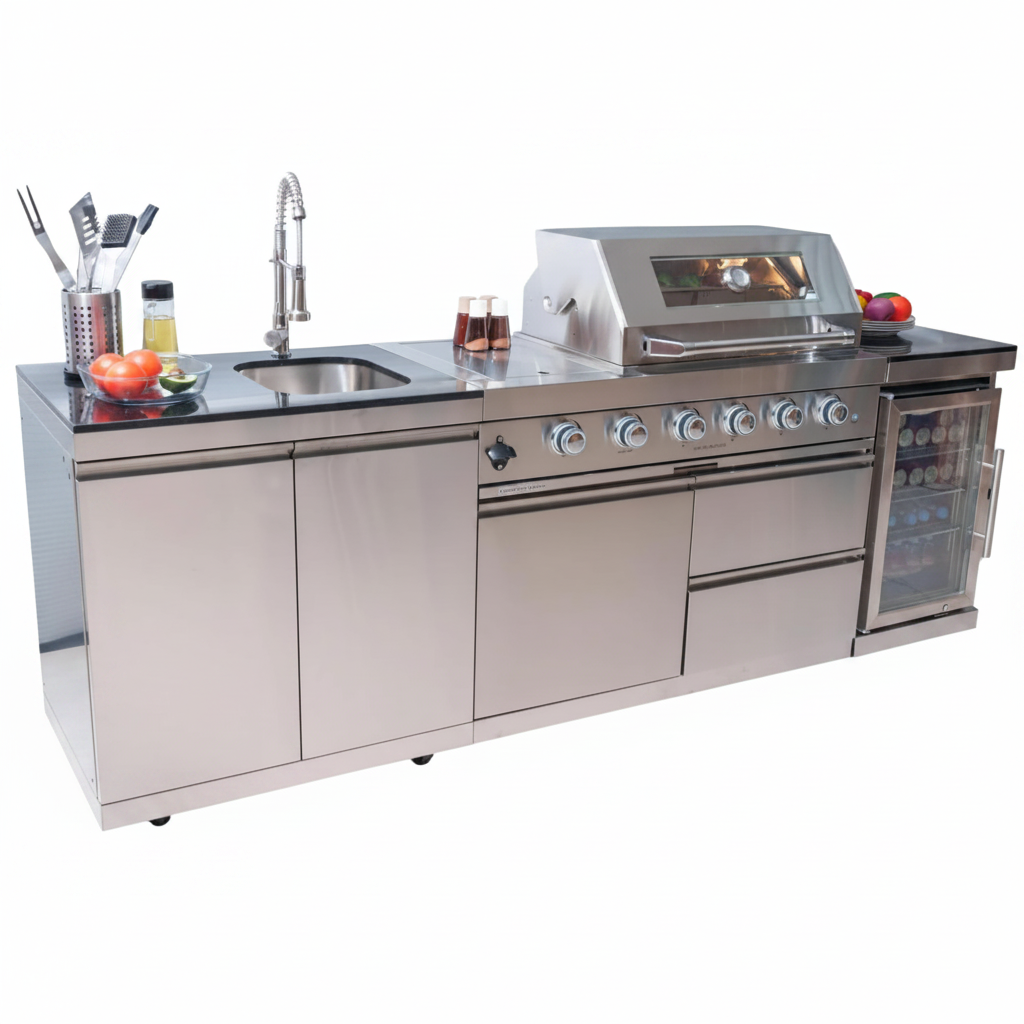 BBQ Island Outdoor Kitchen Kits, 4-Burner 72000 BTU Stainless Steel Modular 98 Inch Natural Gas Outdoor Kitchen Bar Barbecue Island Grill with Refrigerator and Sink for Patio Backyard