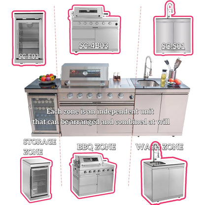 Modular Outdoor Kitchen BBQ Island, 104" Outdoor Kitchen Propane Gas Island Grill with Sink, Compact Refrigerator, Storage Cabinets, Rotisserie Kit (Silver, 104")