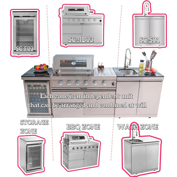 Modular Outdoor Kitchen BBQ Island, 104" Outdoor Kitchen Propane Gas Island Grill with Sink, Compact Refrigerator, Storage Cabinets, Rotisserie Kit (Silver, 104")