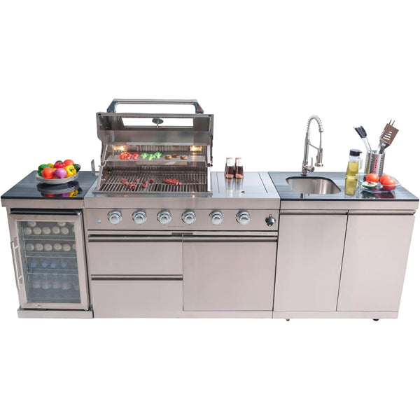 Modular Outdoor Kitchen BBQ Island, 104" Outdoor Kitchen Propane Gas Island Grill with Sink, Compact Refrigerator, Storage Cabinets, Rotisserie Kit (Silver, 104")