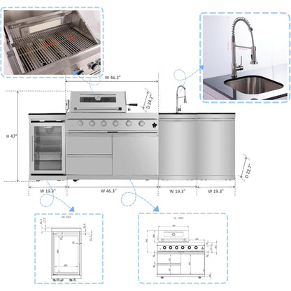 Modular Outdoor Kitchen BBQ Island, 104" Outdoor Kitchen Propane Gas Island Grill with Sink, Compact Refrigerator, Storage Cabinets, Rotisserie Kit (Silver, 104")