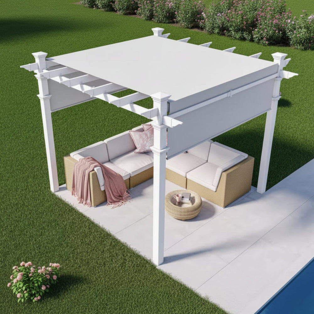 120"L X 120"W X 108"H Vinyl Malibu Canopy Pergola, White, VA42057