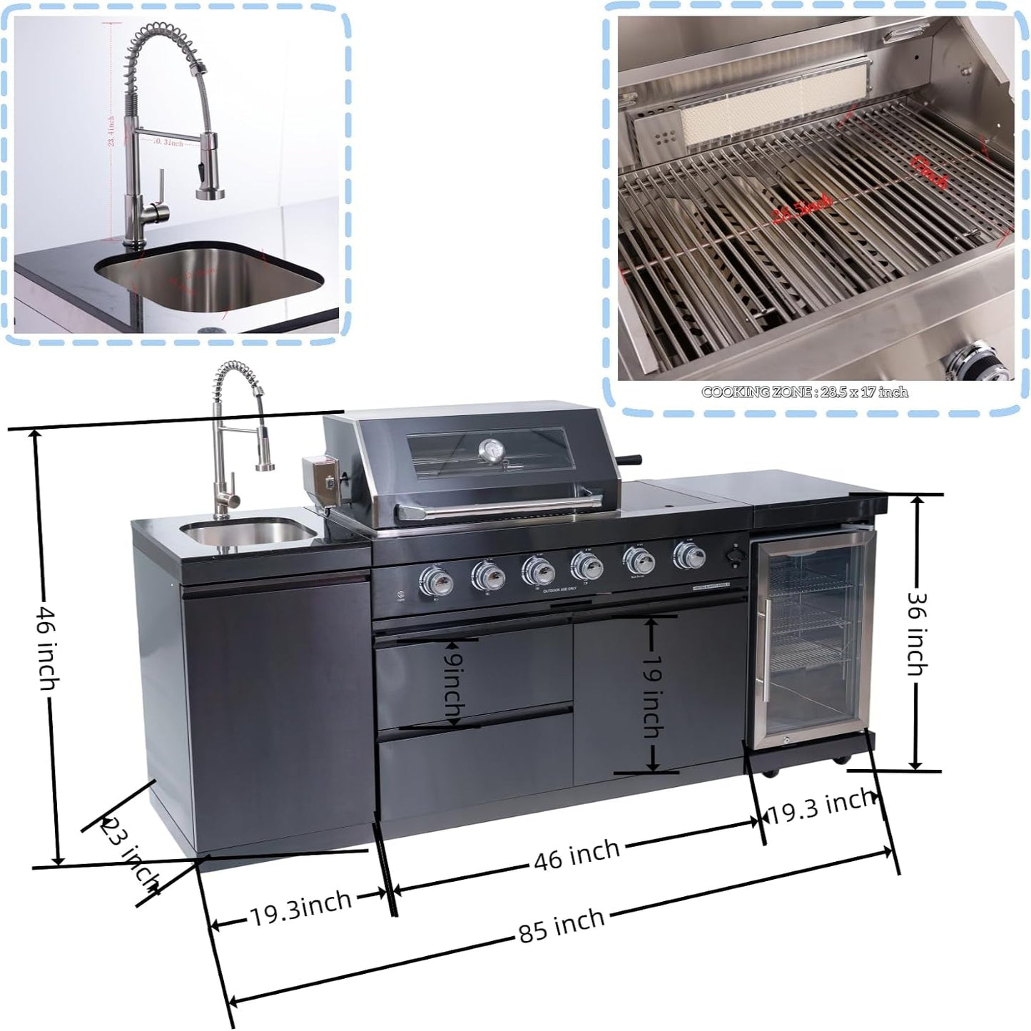 Outdoor Kitchen Island Gas Grill System 4 Burner BBQ Island with Rotisserie Kit, Integrated Sink, Wine Cooler & Granite Countertop