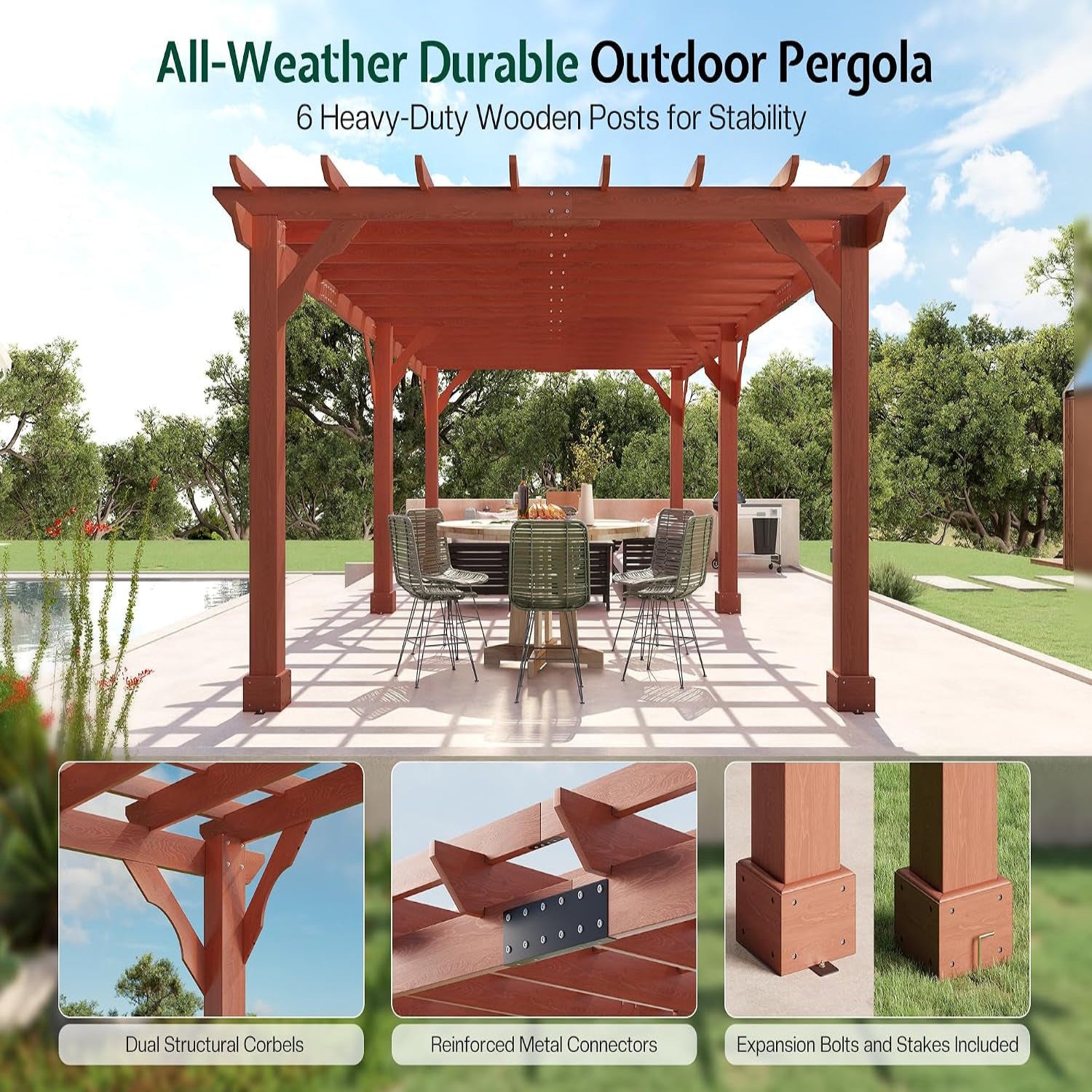 12X24 FT Premium Cedar Wood Pergola with Trellis Roof & Stakes | Outdoor Pergola Kit with Weather-Resistant Support, Backyard Gazebo for Patio, Garden & Events, Reddish-Brown