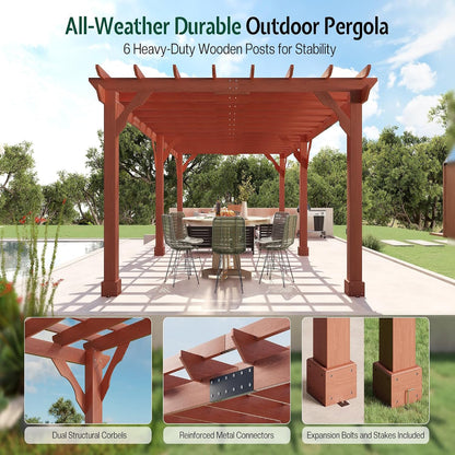 12X24 FT Premium Cedar Wood Pergola with Trellis Roof & Stakes | Outdoor Pergola Kit with Weather-Resistant Support, Backyard Gazebo for Patio, Garden & Events, Reddish-Brown