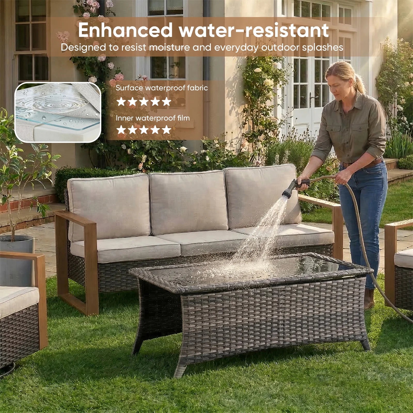 Wicker Patio Furniture Sets,5 Pieces Outdoor Conversation Sets with Swivel Rocker Chairs Sofa and Ottomans for Deck Porch Poolside