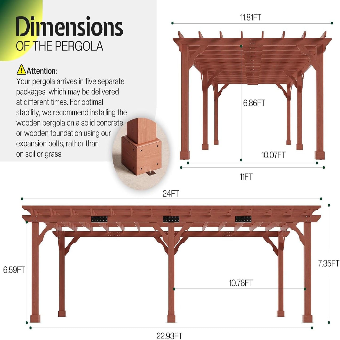 12X24 FT Premium Cedar Wood Pergola with Trellis Roof & Stakes | Outdoor Pergola Kit with Weather-Resistant Support, Backyard Gazebo for Patio, Garden & Events, Reddish-Brown