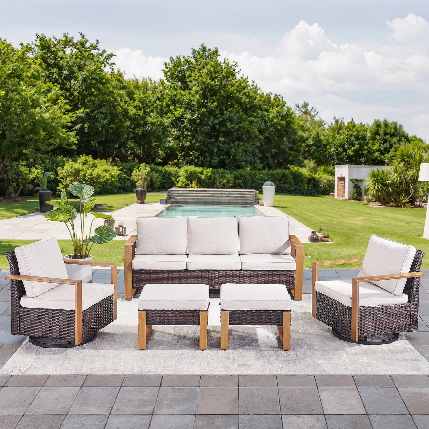 Wicker Patio Furniture Sets,5 Pieces Outdoor Conversation Sets with Swivel Rocker Chairs Sofa and Ottomans for Deck Porch Poolside
